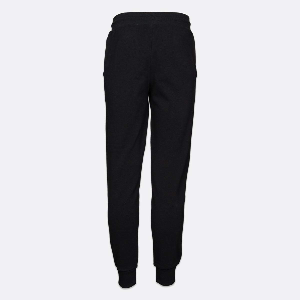 Black sweatpants shown from the back, featuring an elastic waistband and ribbed ankle cuffs, displayed on a light gray background. Emporio Armani Joggers available at Sakks Menswear in Southampton.