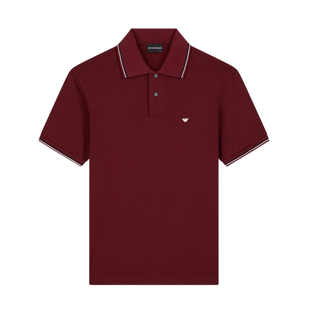 Burgundy Polo Shirt on a white background. Emporio Armani Polo available at Sakks Menswear in Southampton
