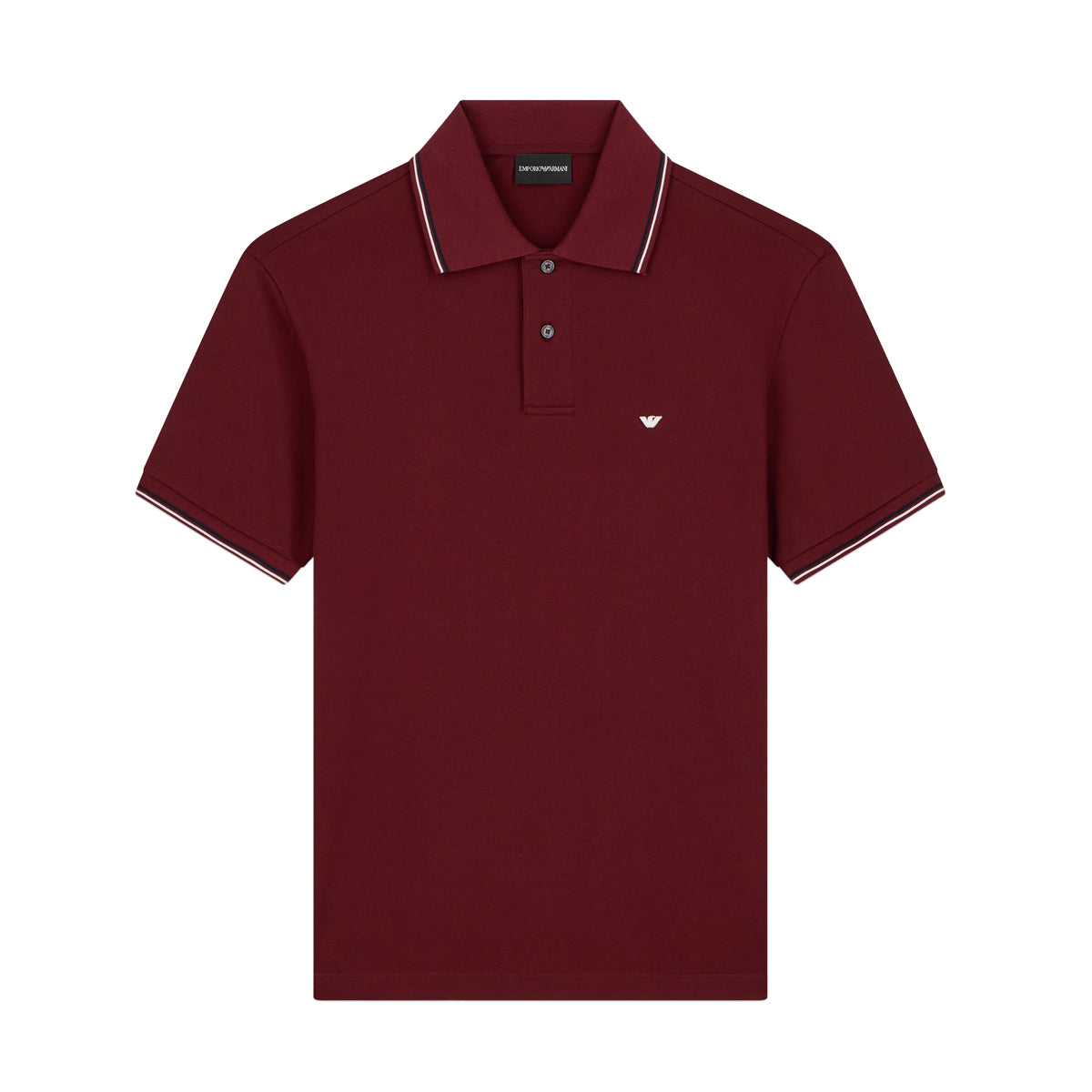 Burgundy Polo Shirt on a white background. Emporio Armani Polo available at Sakks Menswear in Southampton