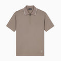 A taupe short-sleeve polo shirt with a half-zip collar and white piping trim, shown flat against a light gray background. Emporio Armani olo available at Sakks Menswear in Southampton.