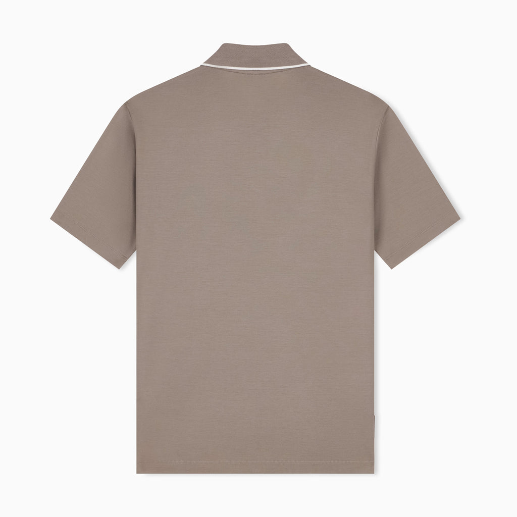 A short-sleeve polo shirt shown from the back, in a muted taupe-brown color with a thin white piping detail around the collar, displayed on a clean white background. Emporio Armani olo available at Sakks Menswear in Southampton.