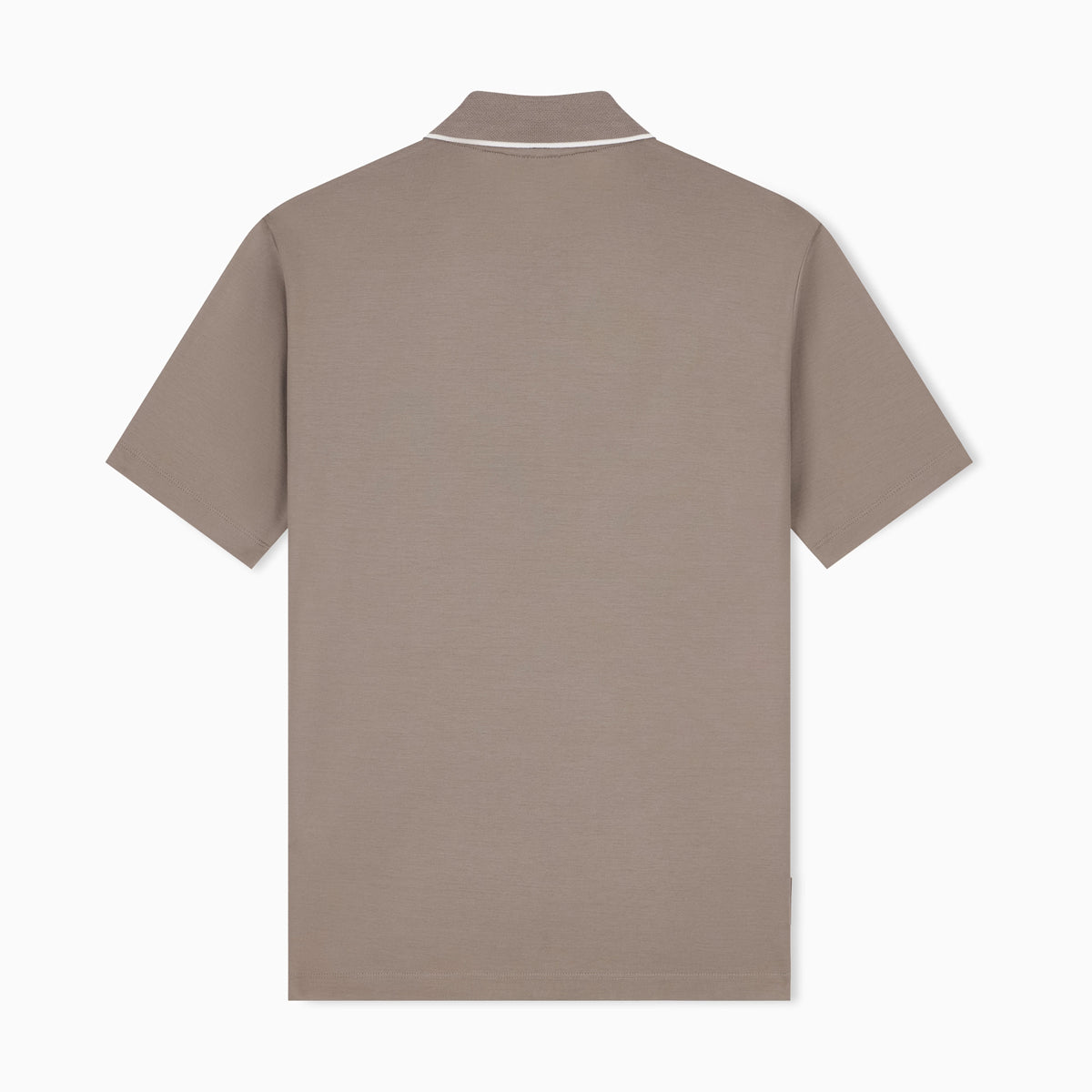 A short-sleeve polo shirt shown from the back, in a muted taupe-brown color with a thin white piping detail around the collar, displayed on a clean white background. Emporio Armani olo available at Sakks Menswear in Southampton.
