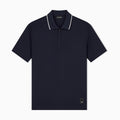 A navy blue short-sleeve polo shirt with a half-zip collar and white piping trim, shown flat against a light gray background. Emporio Armani Polo available at Sakks Menswear in Southampton.