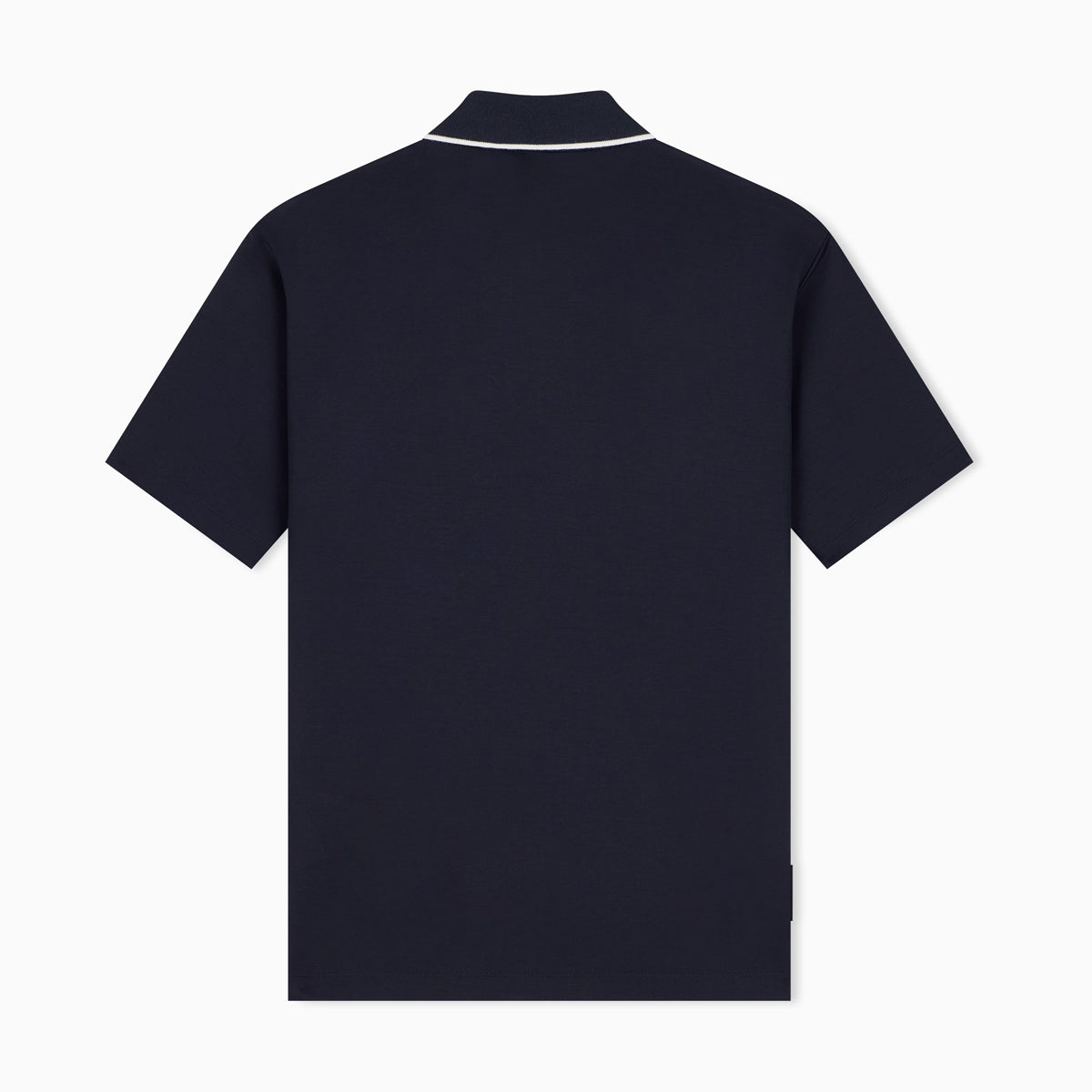 A dark navy blue short-sleeve polo shirt shown from the back, featuring a white contrast trim along the collar, set against a plain white background. Emporio Armani Polo available at Sakks Menswear in Southampton.