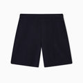 A pair of dark navy blue pleated shorts with side pockets, shown flat against a clean white background. Emporio Armani Shorts available at Sakks Menswear in Southampton.