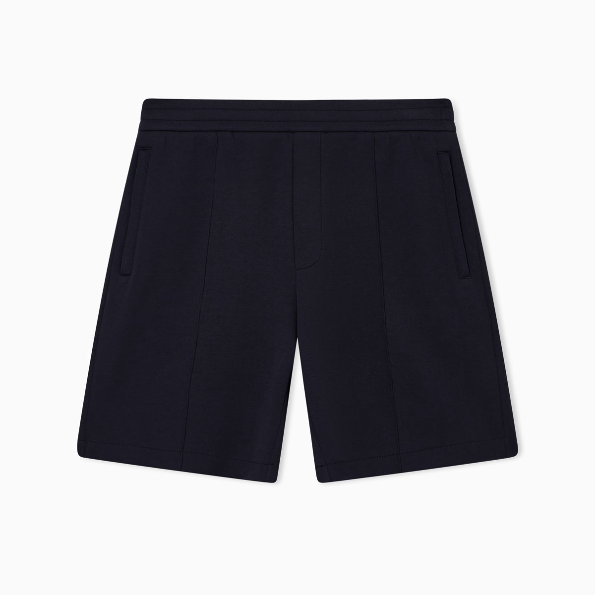 A pair of dark navy blue pleated shorts with side pockets, shown flat against a clean white background. Emporio Armani Shorts available at Sakks Menswear in Southampton.