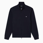 A dark navy blue zip-up jacket with a stand collar, featuring the embroidered Emporio Armani eagle logo on the left chest, displayed on a clean white background. Emporio Armani Sweatshirt available at Sakks Menswear in Southampton.