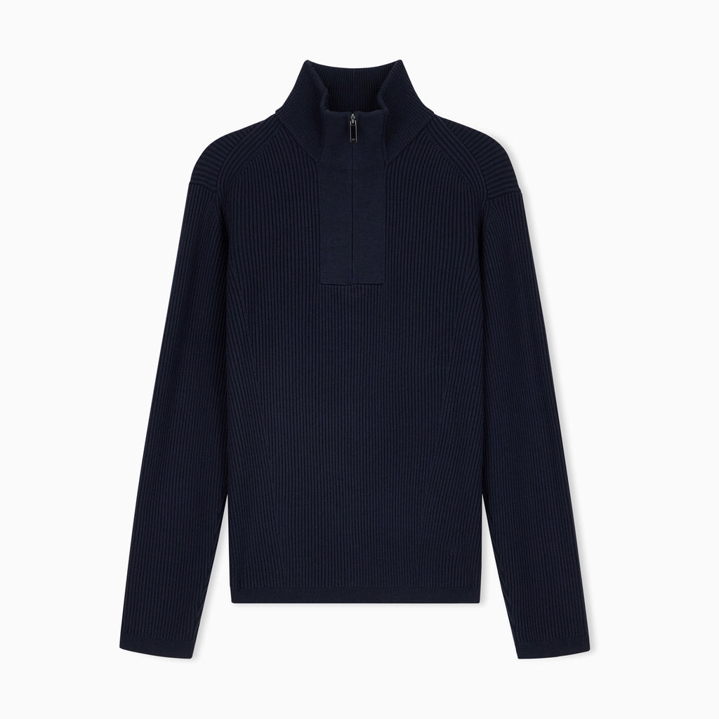 Ribbed Virgin Wool Half-Zip Sweater - Navy Blue