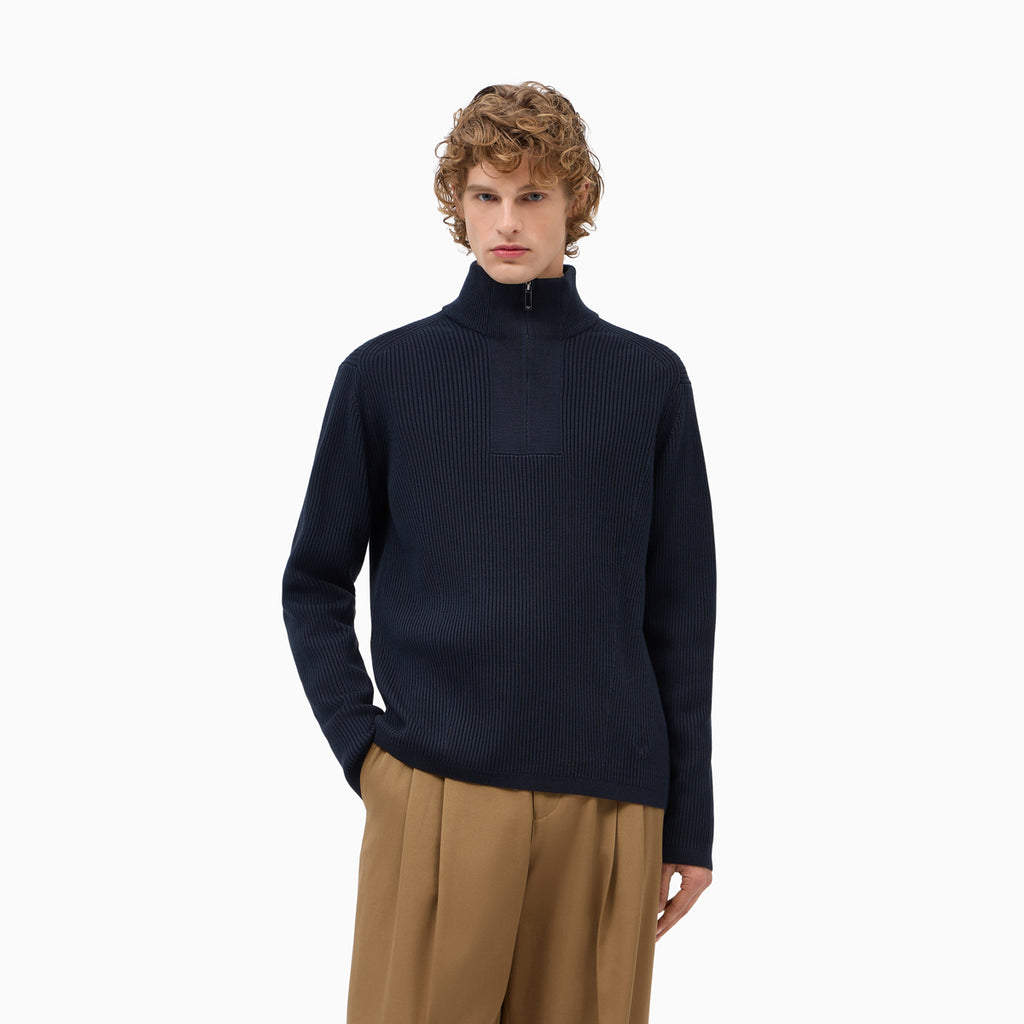 Ribbed Virgin Wool Half-Zip Sweater - Navy Blue