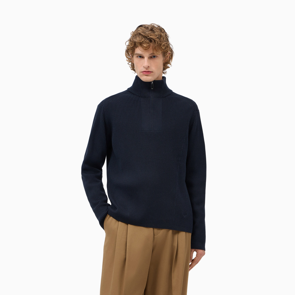 Ribbed Virgin Wool Half-Zip Sweater - Navy Blue