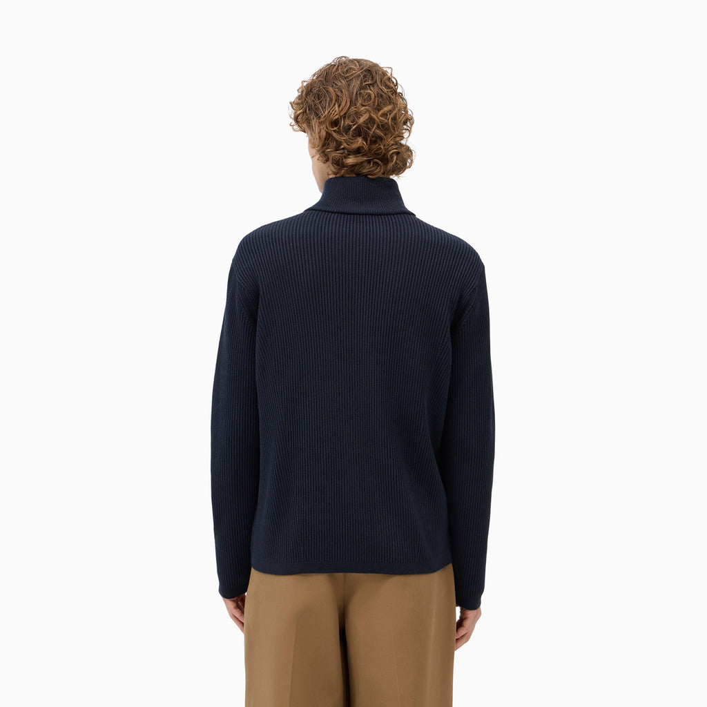 Ribbed Virgin Wool Half-Zip Sweater - Navy Blue
