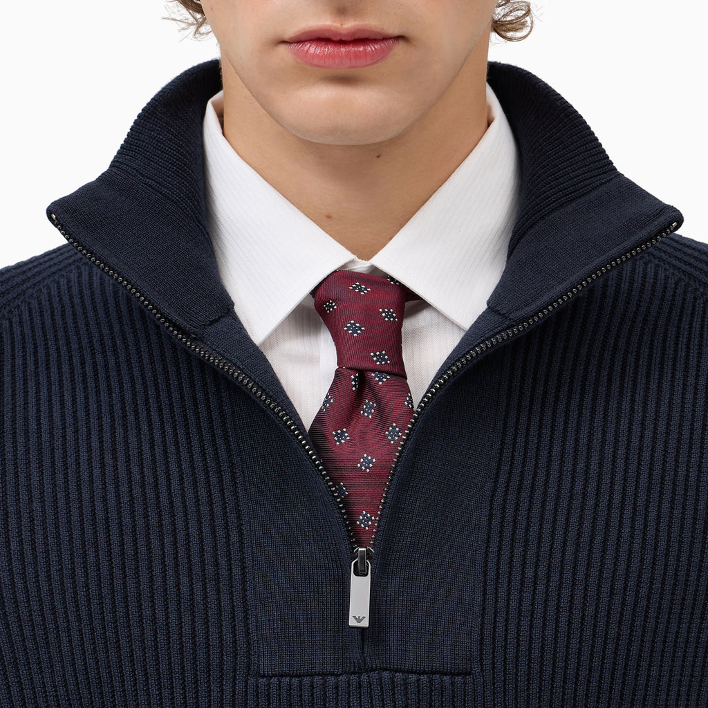 Ribbed Virgin Wool Half-Zip Sweater - Navy Blue