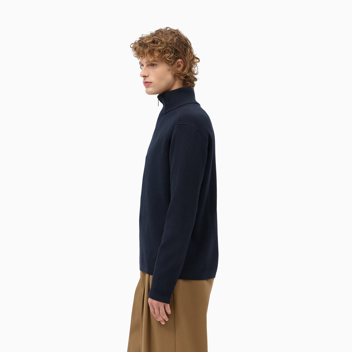 Ribbed Virgin Wool Half-Zip Sweater - Navy Blue