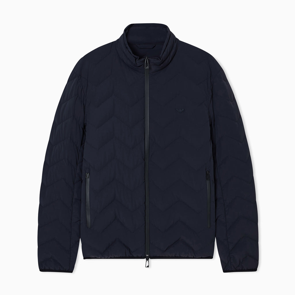 A dark navy blue quilted jacket with a stand-up collar, front zipper, and zippered hand pockets, shown against a plain white background. Emporio Armani Down Jacket available at Sakks Menswear in Southampton.