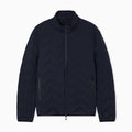 A dark navy blue quilted jacket with a stand-up collar, front zipper, and zippered hand pockets, shown against a plain white background. Emporio Armani Down Jacket available at Sakks Menswear in Southampton.