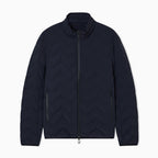 A dark navy blue quilted jacket with a stand-up collar, front zipper, and zippered hand pockets, shown against a plain white background. Emporio Armani Down Jacket available at Sakks Menswear in Southampton.