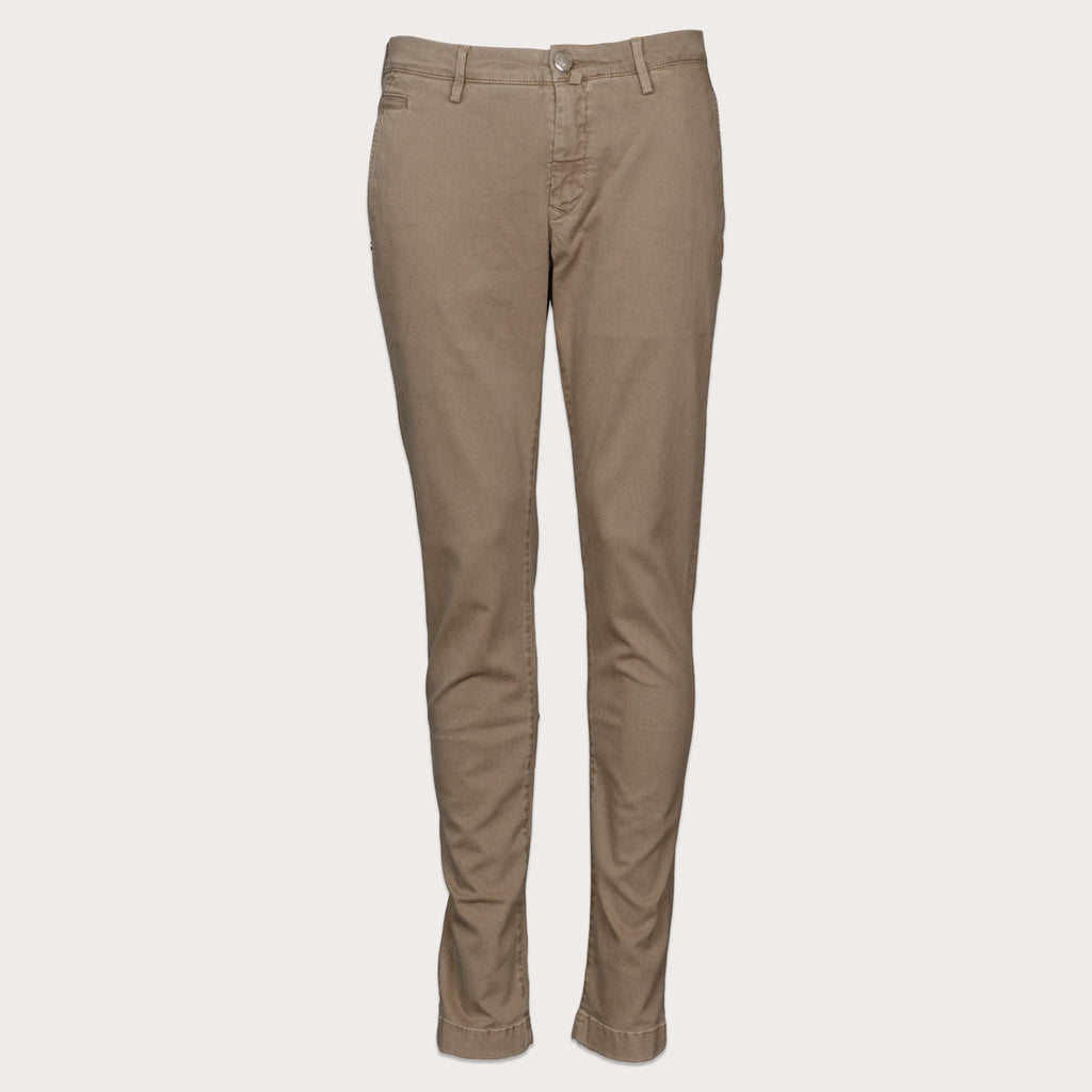 A pair of slim-fit chino pants in a warm khaki brown colour, shown flat against a light beige background. Jacob Cohen Jeans available at Sakks Menswear in Southampton.