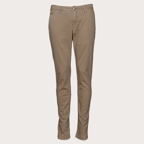 A pair of slim-fit chino pants in a warm khaki brown colour, shown flat against a light beige background. Jacob Cohen Jeans available at Sakks Menswear in Southampton.