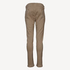 A pair of slim-fit khaki trousers shown from the back, featuring a five-pocket design and belt loops, displayed on a clean, light gray background. Jacob Cohen Jeans available at Sakks Menswear in Southampton.