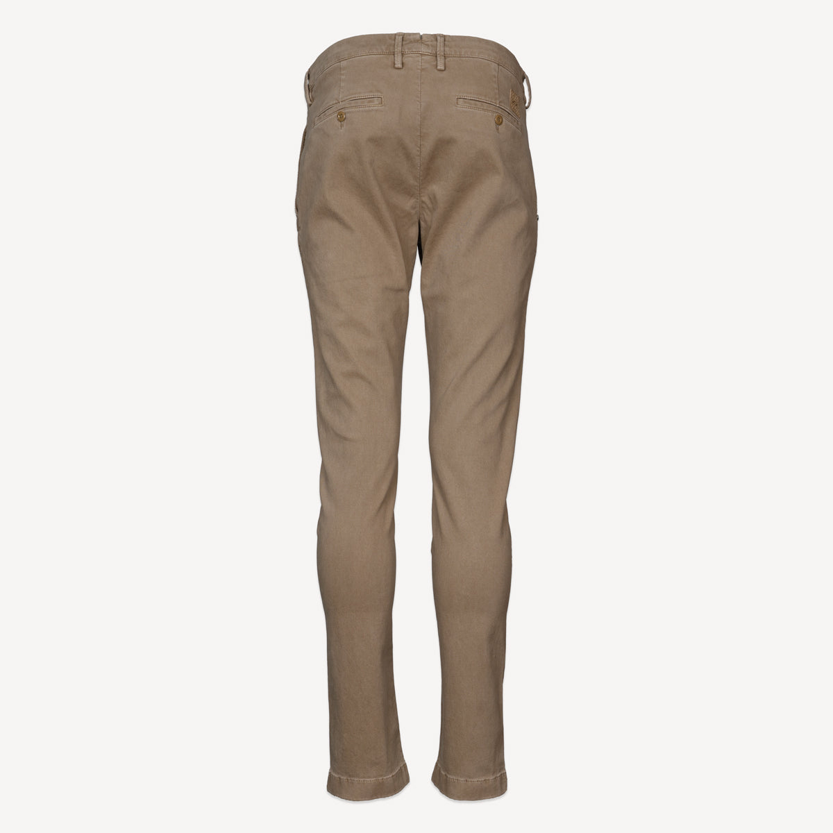 A pair of slim-fit khaki trousers shown from the back, featuring a five-pocket design and belt loops, displayed on a clean, light gray background. Jacob Cohen Jeans available at Sakks Menswear in Southampton.