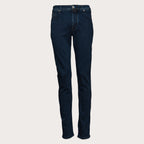 A pair of dark blue slim-fit jeans shown flat against a light beige background. Jacob Cohen Jeans available at Sakks Menswear in Southampton.