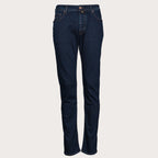 A pair of dark navy blue slim-fit jeans shown flat against a light gray background. Jacob Cohen Jeans available at Sakks Menswear in Southampton.