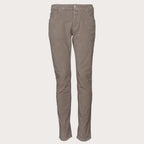 A pair of slim-fit trousers in a muted taupe-brown color, shown flat against a light beige background. Jacob Cohen Trousers available at Sakks Menswear in Southampton.