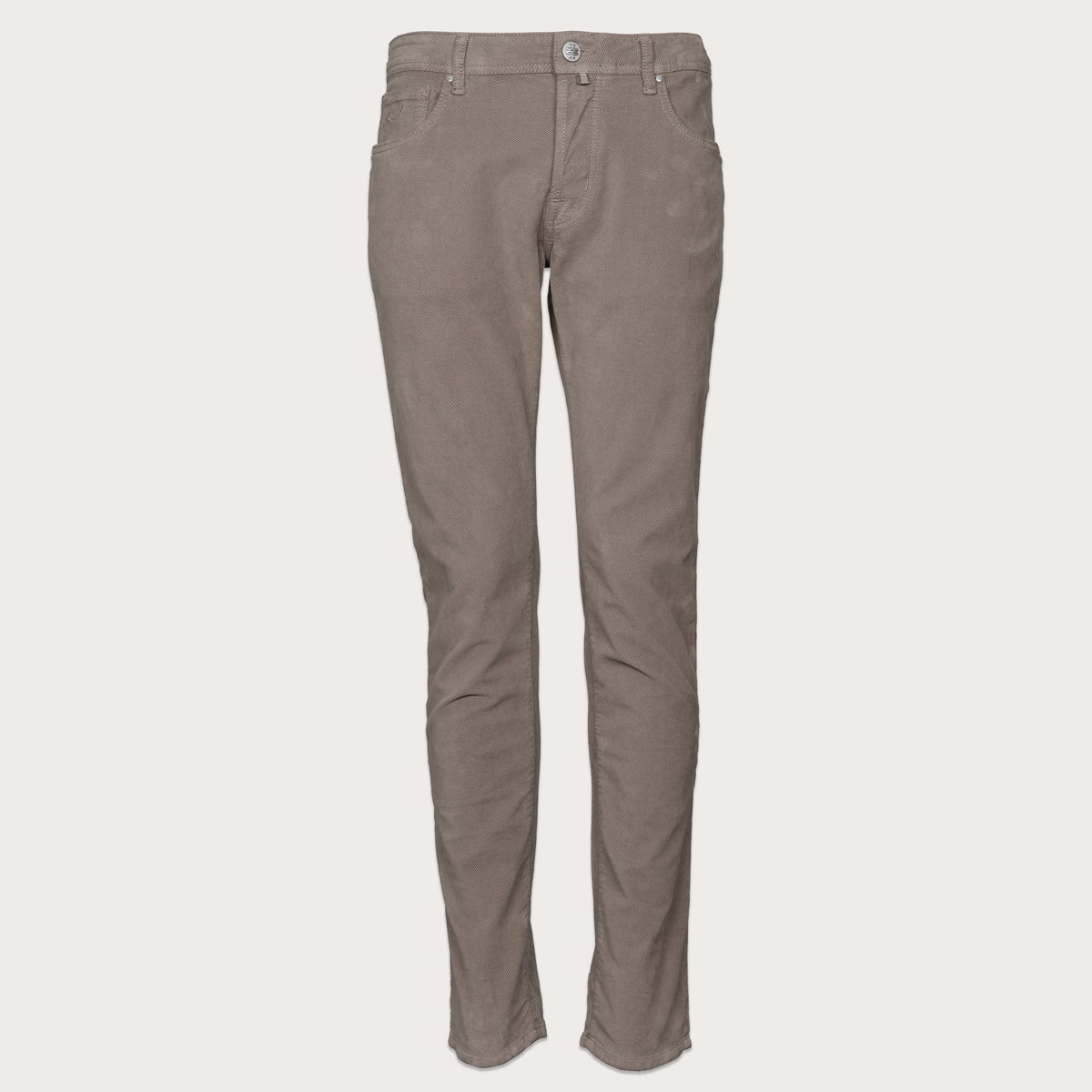 A pair of slim-fit trousers in a muted taupe-brown color, shown flat against a light beige background. Jacob Cohen Trousers available at Sakks Menswear in Southampton.