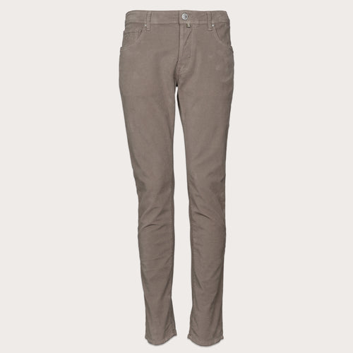 A pair of slim-fit trousers in a muted taupe-brown color, shown flat against a light beige background. Jacob Cohen Trousers available at Sakks Menswear in Southampton.