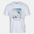 A white short-sleeve crewneck t-shirt featuring a square graphic print of a ski resort scene with a chairlift and the text 'JACOB COHÉN' printed below it. Jacob Cohen T-Shirt available at Sakks Menswear in Southampton.