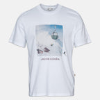 A white short-sleeve crewneck t-shirt featuring a square graphic print of a ski resort scene with a chairlift and the text 'JACOB COHÉN' printed below it. Jacob Cohen T-Shirt available at Sakks Menswear in Southampton.