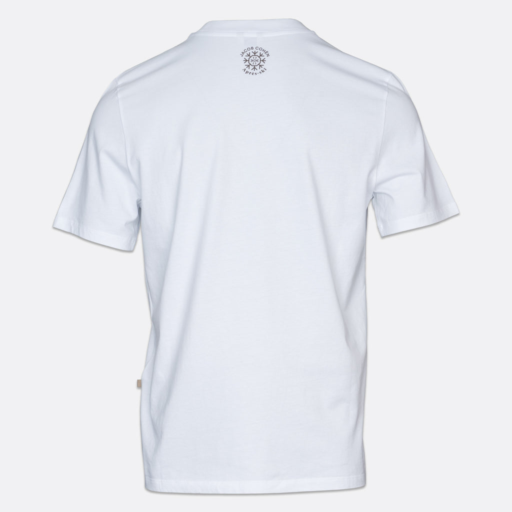 White short-sleeve t-shirt shown from the back, featuring a small circular black graphic printed on the upper back. Jacob Cohen T-Shirt available at Sakks Menswear in Southampton.