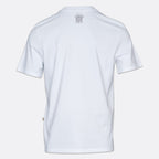 White short-sleeve t-shirt shown from the back, featuring a small circular black graphic printed on the upper back. Jacob Cohen T-Shirt available at Sakks Menswear in Southampton.