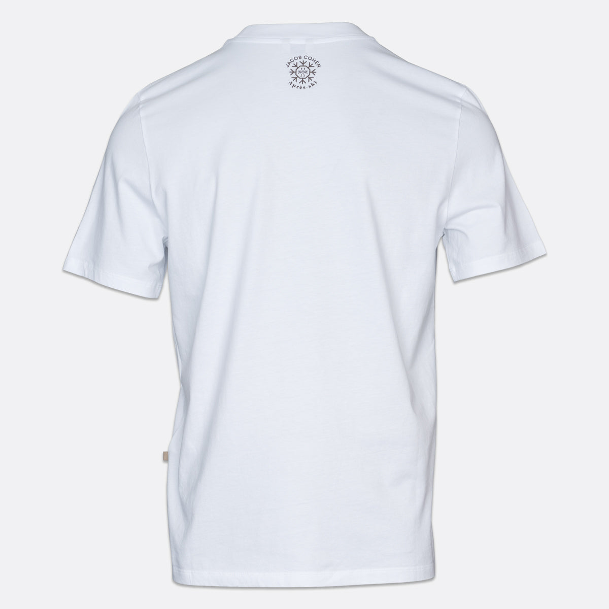 White short-sleeve t-shirt shown from the back, featuring a small circular black graphic printed on the upper back. Jacob Cohen T-Shirt available at Sakks Menswear in Southampton.