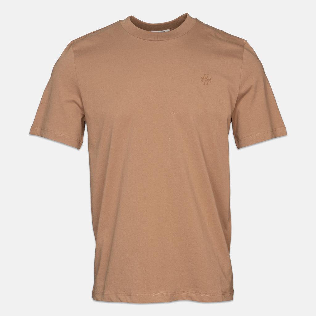 A tan crewneck short-sleeve t-shirt with a small tonal embroidered logo on the left chest, displayed against a light gray background. Jacob Cohen T-Shirt available at Sakks Menswear in Southampton.