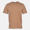 A tan crewneck short-sleeve t-shirt with a small tonal embroidered logo on the left chest, displayed against a light gray background. Jacob Cohen T-Shirt available at Sakks Menswear in Southampton.