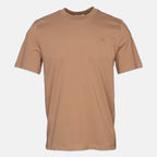 A tan crewneck short-sleeve t-shirt with a small tonal embroidered logo on the left chest, displayed against a light gray background. Jacob Cohen T-Shirt available at Sakks Menswear in Southampton.