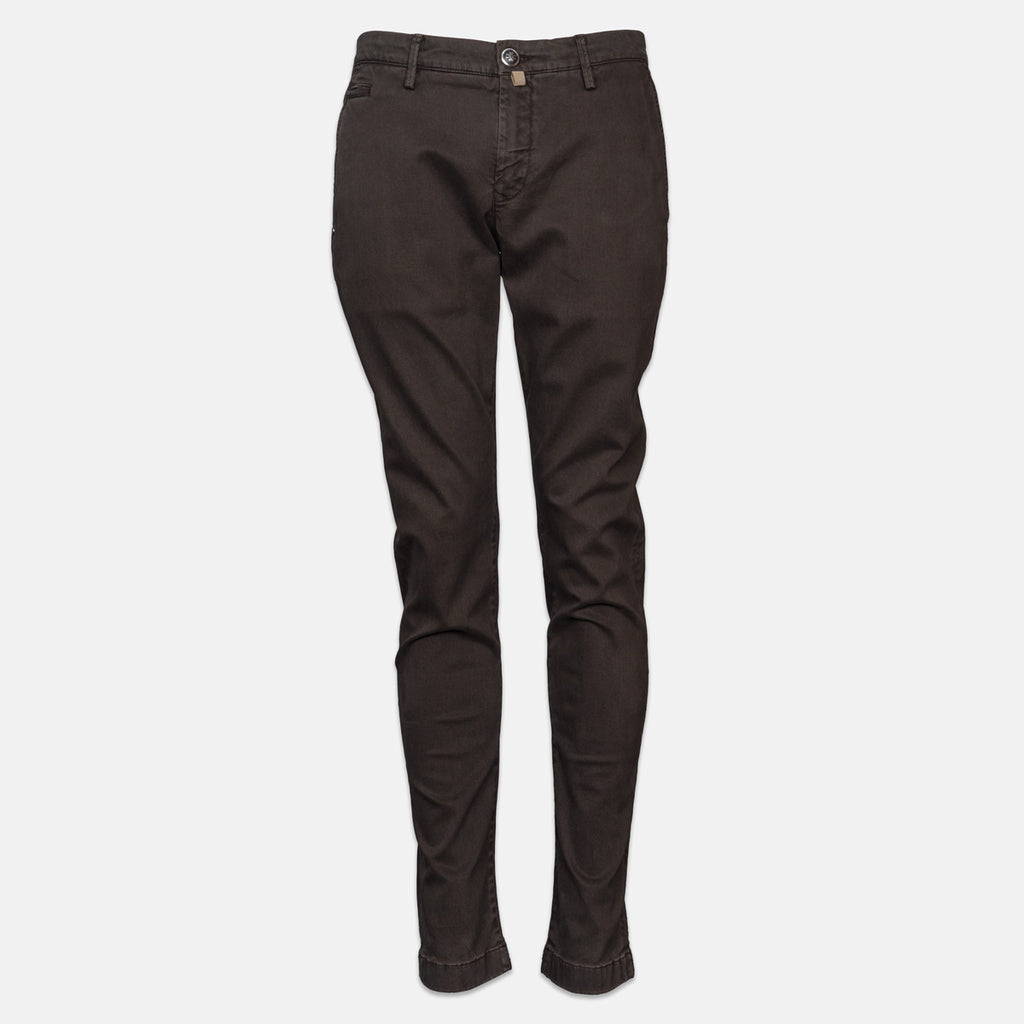 A pair of slim-fit dark brown pants shown on a ghost mannequin against a light gray background. Jacob Cohen Trousers available at Sakks Menswear in Southampton.