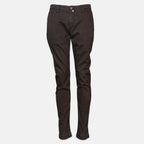 A pair of slim-fit dark brown pants shown on a ghost mannequin against a light gray background. Jacob Cohen Trousers available at Sakks Menswear in Southampton.