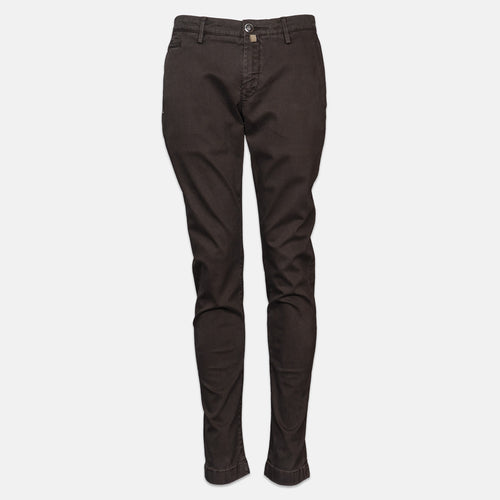 A pair of slim-fit dark brown pants shown on a ghost mannequin against a light gray background. Jacob Cohen Trousers available at Sakks Menswear in Southampton.