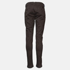Dark brown slim-fit trousers shown from the back, featuring a button waistband, belt loops, and rear patch pockets, displayed on a light gray background. Jacob Cohen Trousers available at Sakks Menswear in Southampton.