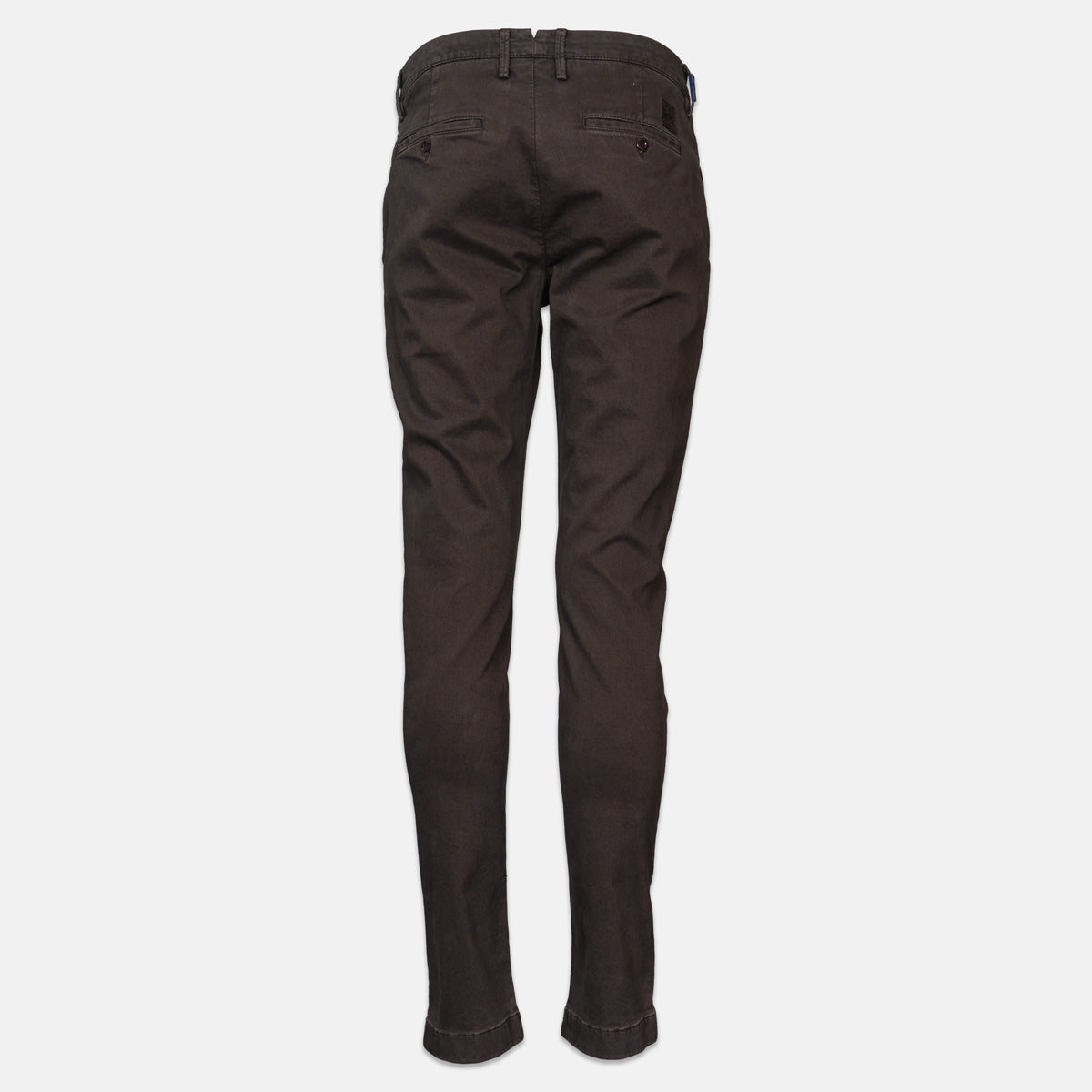 Dark brown slim-fit trousers shown from the back, featuring a button waistband, belt loops, and rear patch pockets, displayed on a light gray background. Jacob Cohen Trousers available at Sakks Menswear in Southampton.
