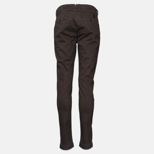 Dark brown slim-fit trousers shown from the back, featuring a button waistband, belt loops, and rear patch pockets, displayed on a light gray background. Jacob Cohen Trousers available at Sakks Menswear in Southampton.
