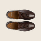 A pair of dark brown leather lace-up shoes shown from a top-down view on a light beige background. The brand name 'Oliver Sweeney' is visible on the insoles. Oliver Sweeney Shoes are available at Sakks Menswear in Southampton.