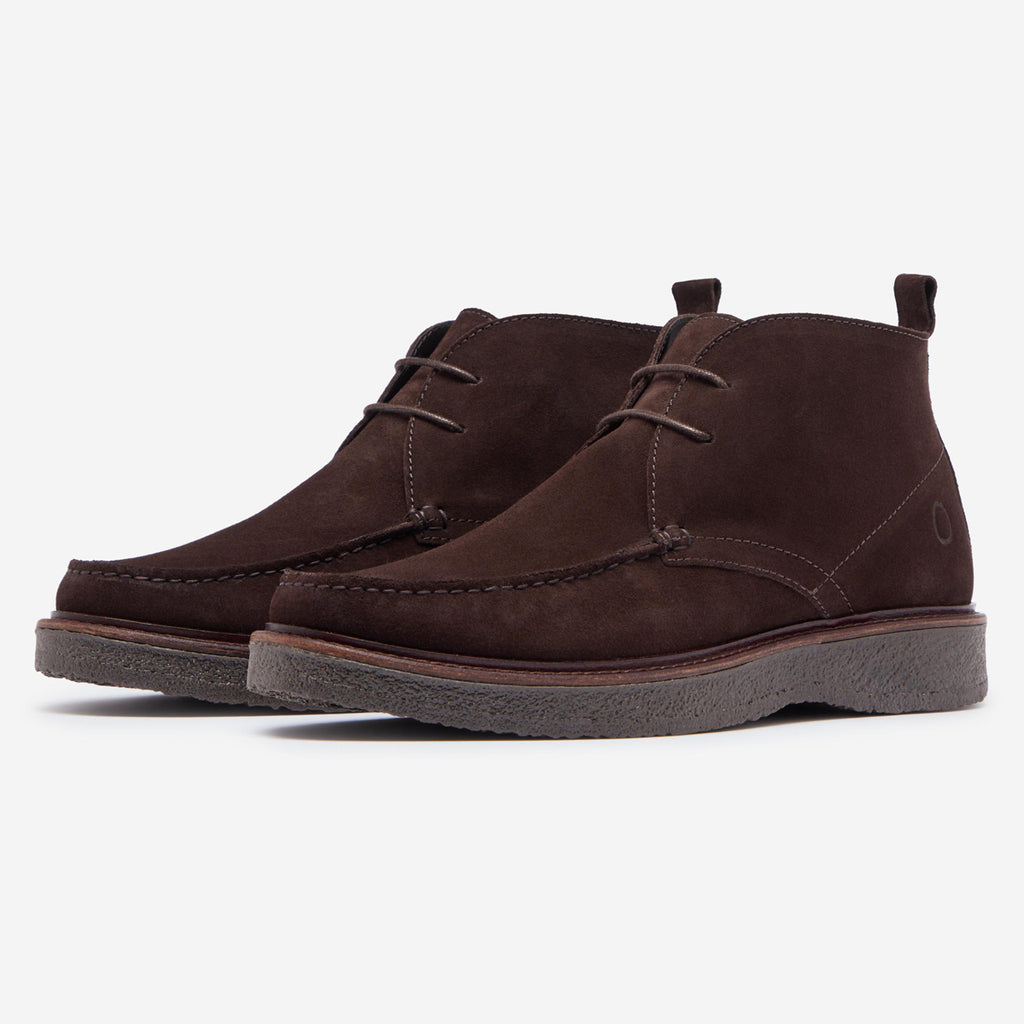 A pair of dark brown suede ankle boots with laces, displayed on a clean white background. Oliver Sweeney Moccasin's available at Sakks Menswear in Southampton.