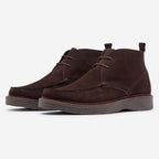 A pair of dark brown suede ankle boots with laces, displayed on a clean white background. Oliver Sweeney Moccasin's available at Sakks Menswear in Southampton.