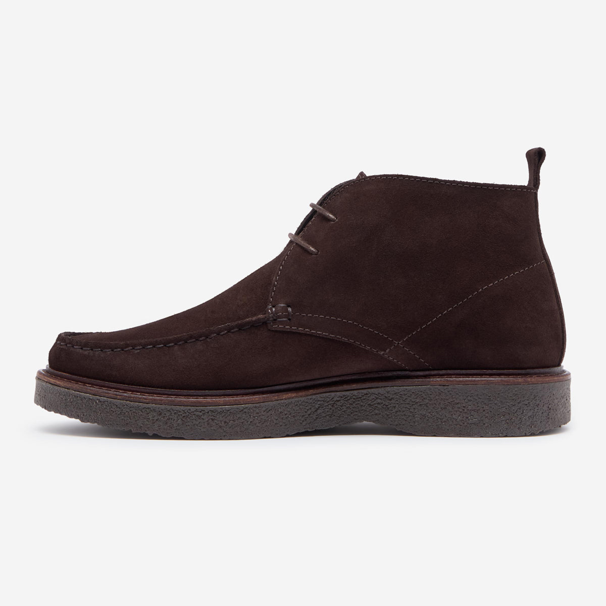 A dark brown suede moccasin boot with a thick dark sole, shown in a side profile view against a light gray background. Oliver Sweeney Moccasin's available at Sakks Menswear in Southampton.