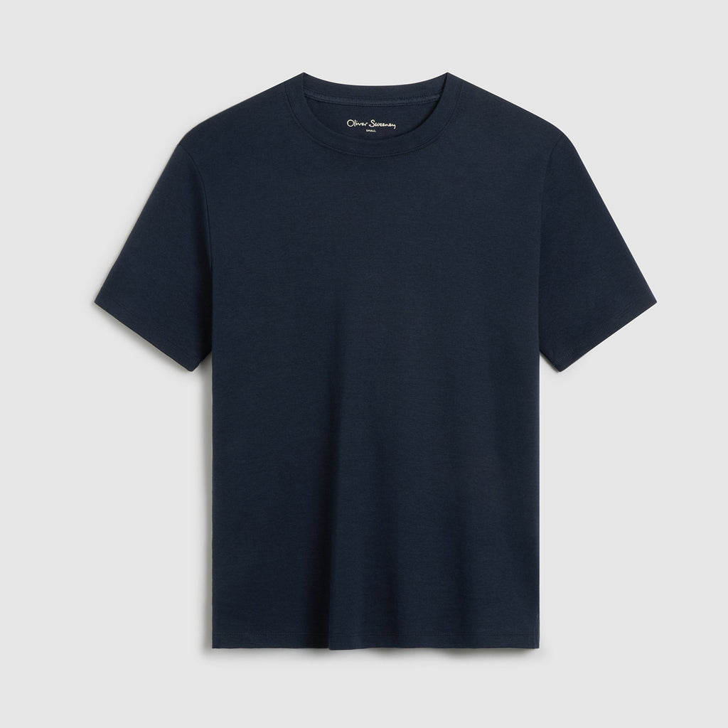 A dark navy blue short-sleeve crewneck t-shirt by Oliver Sweeney, displayed flat against a light gray background. Oliver Sweeney T-Shirts available at Sakks Menswear in Southampton.