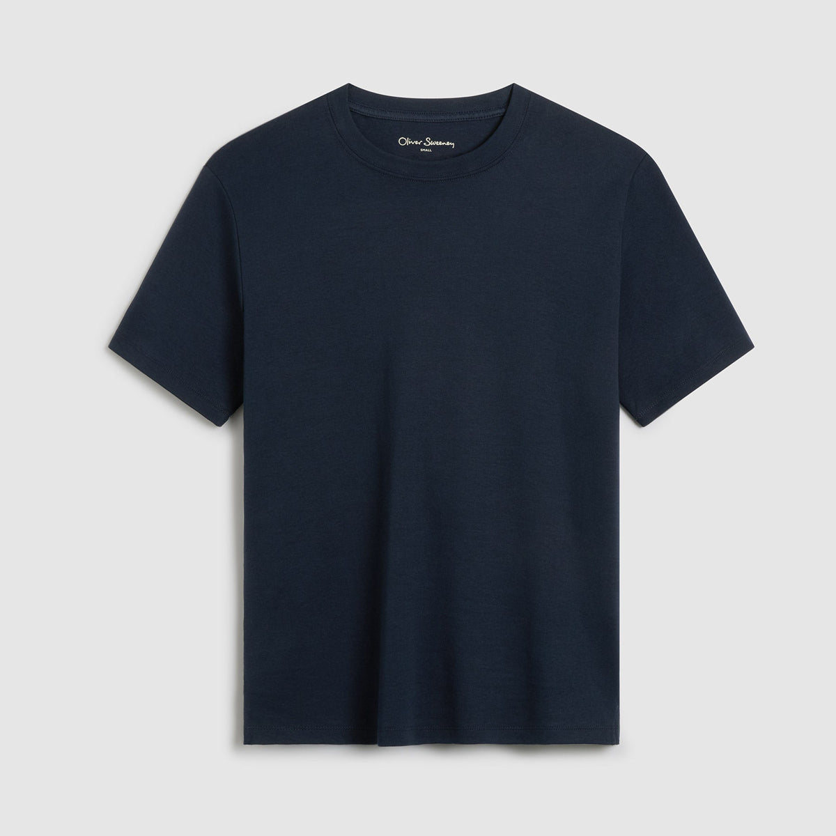 A dark navy blue short-sleeve crewneck t-shirt by Oliver Sweeney, displayed flat against a light gray background. Oliver Sweeney T-Shirts available at Sakks Menswear in Southampton.