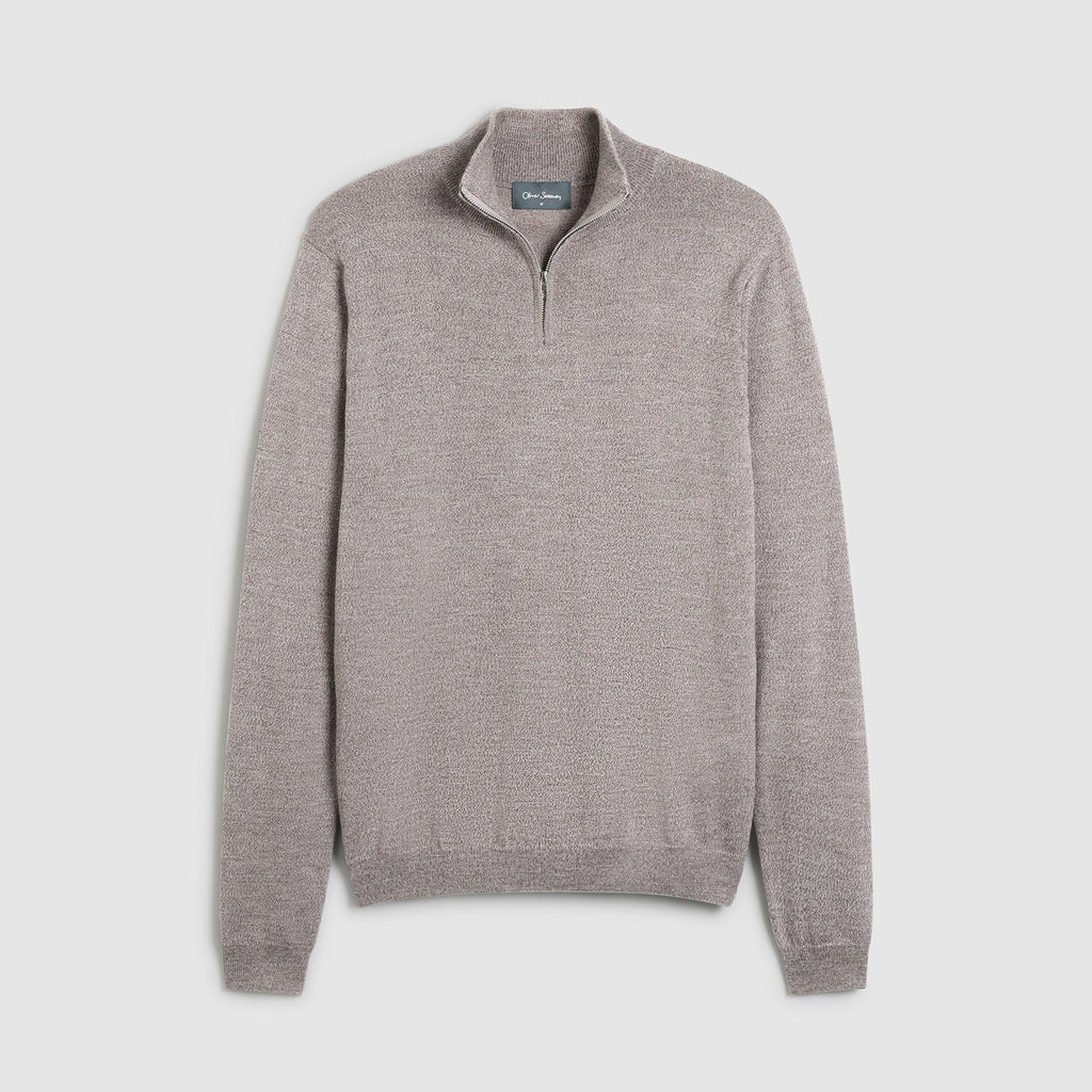 A light gray half-zip knit sweater with a mock neck collar, displayed flat against a solid beige background. Oliver Sweeney Sweater available at Sakks Menswear in Southampton.
